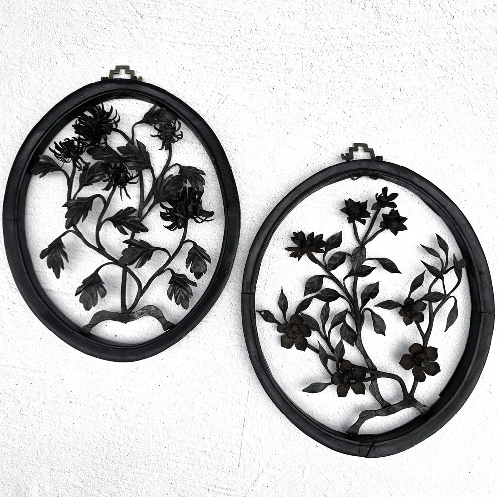 Vintage Wrought Iron Floral Wall Art Pair Chinese Oval Wood Frame Chrysanthemum